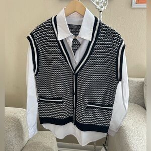Ninety Clothing Co. Black & White Striped Knit Vest with White Collar Shirt